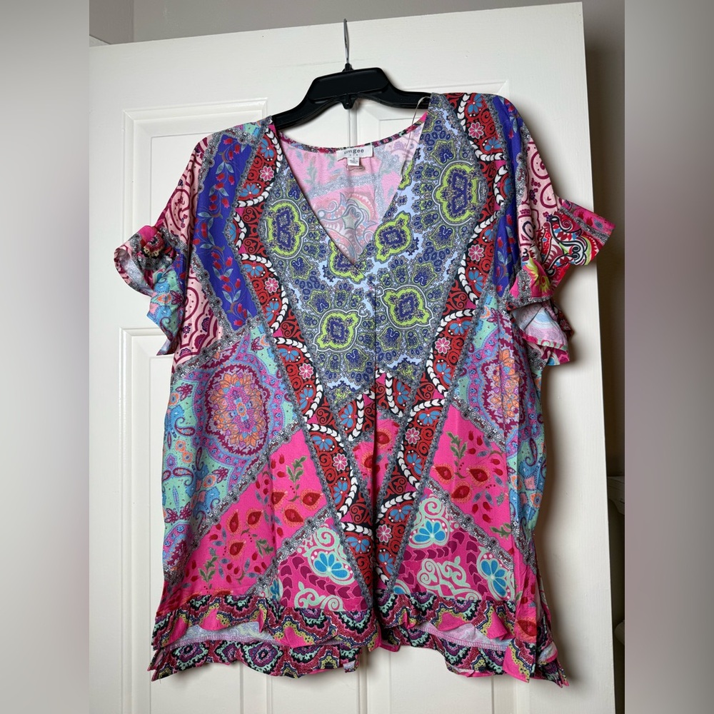 Umgee Mix Print Top with Ruffled‎ Sleeves